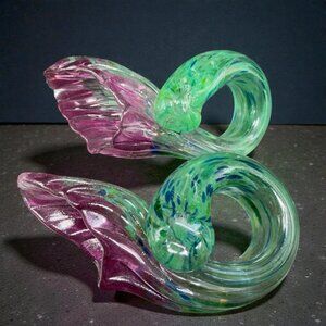 1995 Hand Blown Art Glass‎ Amethyst Purple Flowers Set With Green Stems Signed